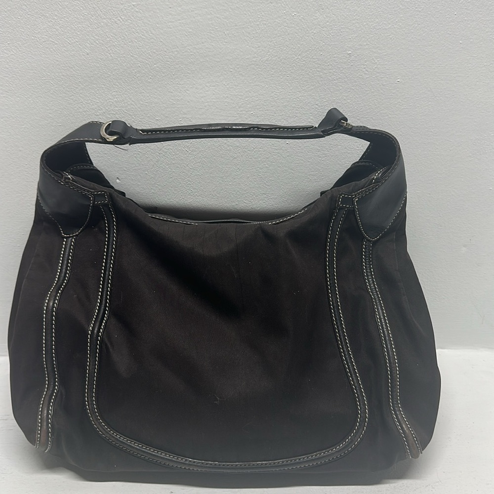 Tods Purse Shoulder Handbag Hobo Tote Bag Leather Nylon Dark Brown Gold Large